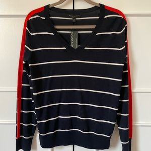 NEW Banana Republic V-neck Sweater - Navy & White Striped with Red Accent.